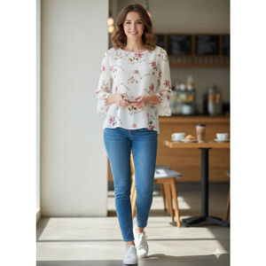 FOREVER 21 White Pink Floral Blouse Size M bloomcore officecore boho